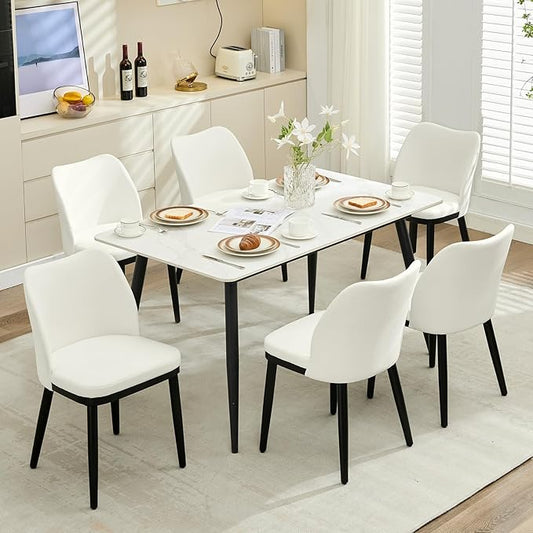 6 Dining Chairs: Upholstered Linen Dining Room Side Chairs, Chair for Dining Room with Padded Seat and Wood Legs-Modern Dining Chairs for Restaurant, Kitchen, Cafe, Living Room(Off-White)