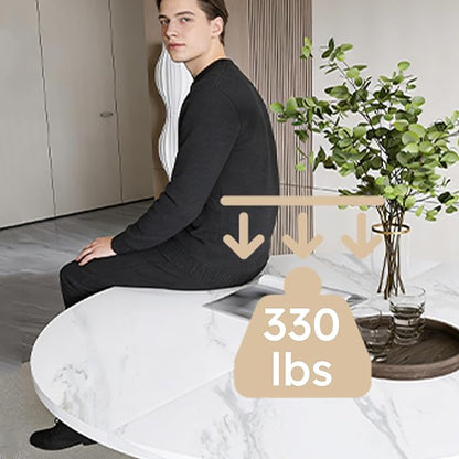47" Round Marble Veneer Dining Table, Kitchen Table with Wood Strip Base, Dinner Tables with Stable Support for Kitchen & Living Room, White