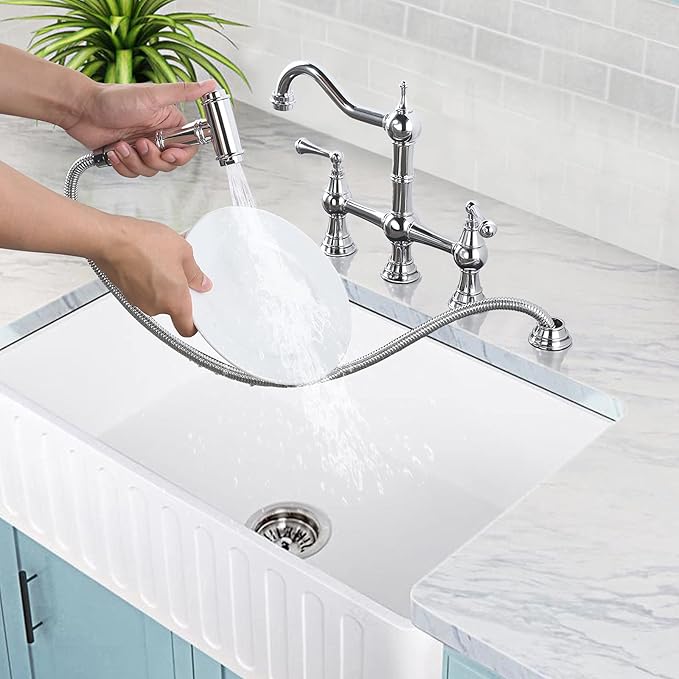 WOWOW 4 Hole Kitchen Faucet with Sprayer, 8 Inch Centerset Brass Bridge Kitchen Faucet 2 Handle with Side Sprayer, Vintage Farmhouse Kitchen Sink Faucet Chrome