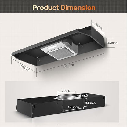 Under Cabinet Range Hood 36 inch, Ducted/Ductless Vent Hood with 2 Speeds Fan, Black Range Hood with Rocker Button Control, Kitchen Hood 280CFM, Bright LED Light
