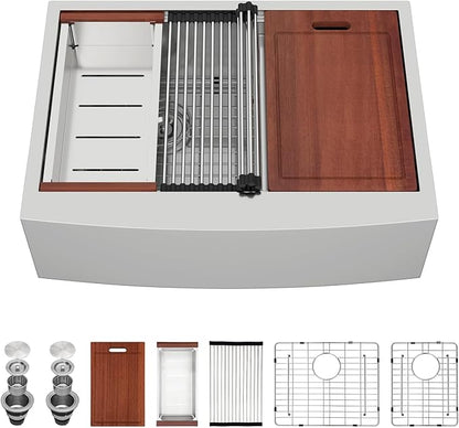 Sarlai 30 Stainless Farmhouse Sink Double Bowl - 30x22 Inch Kitchen Sink Apron Front Ledge Workstation Double Bowl 60/40 16 Gauge Stainless Steel Low Divide Farmer Kitchen Sink Basin