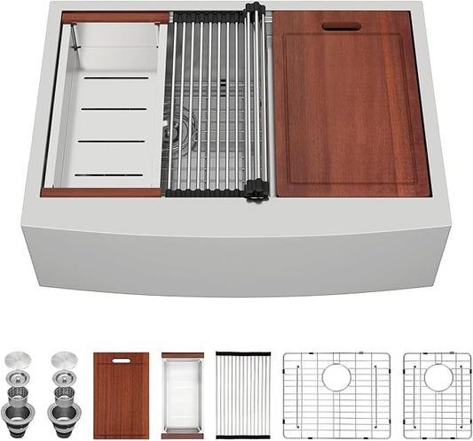 Sarlai 30 Stainless Farmhouse Sink Double Bowl - 30x22 Inch Kitchen Sink Apron Front Ledge Workstation Double Bowl 60/40 16 Gauge Stainless Steel Low Divide Farmer Kitchen Sink Basin