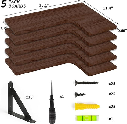 Fixwal Floating Shelves for Wall, Rustic Wood Wall Mounted Corner Shelf for Bathroom, Kitchen, Bedroom, Home Decor, Laundry Room, Living Room, Set of 5 (Walnut Brown)