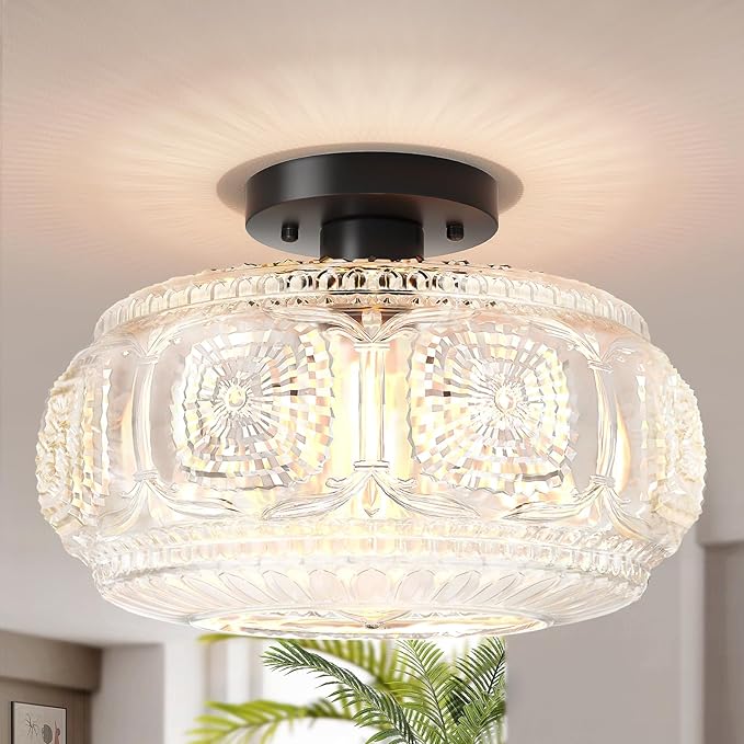 Semi Flush Mount Ceiling Light, Upgraded 12 inch Larger Black Glass Ceiling Light Fixture, Vintage Lighting for Hallway Kitchen Bedroom Dining Room, Bulb Not Included