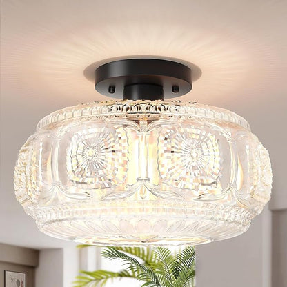Semi Flush Mount Ceiling Light, Upgraded 12 inch Larger Black Glass Ceiling Light Fixture, Vintage Lighting for Hallway Kitchen Bedroom Dining Room, Bulb Not Included