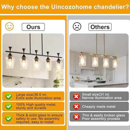 37" Dining Room Light Fixture/Chandelier Over Table, 5-Light Matte Black Kitchen Island Lighting with Clear Glass Shade, Modern Hanging Pendant Lights Fixture for Kitchen Island, Dining Room, Bar