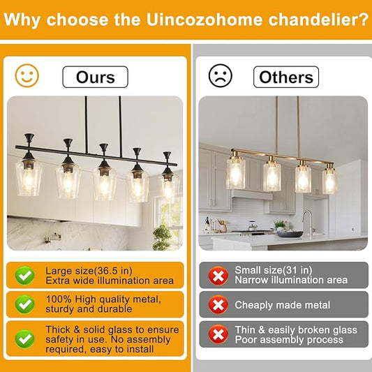 37" Dining Room Light Fixture/Chandelier Over Table, 5-Light Matte Black Kitchen Island Lighting with Clear Glass Shade, Modern Hanging Pendant Lights Fixture for Kitchen Island, Dining Room, Bar
