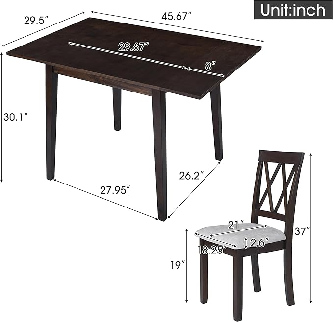 Ball & Cast 5-Piece Farmhouse Drop Leaf Folding Dining Table with Chairs, 29.57"~45.67" Extendable Table w/4pcs Backrest Dining-Chair, Foldable Kitchen Breakfast Set for 4,Space Saving,Espresso