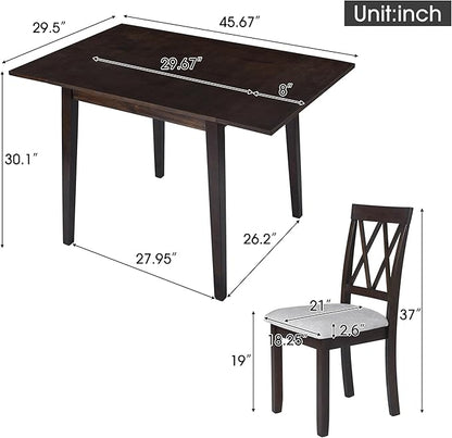 Ball & Cast 5-Piece Farmhouse Drop Leaf Folding Dining Table with Chairs, 29.57"~45.67" Extendable Table w/4pcs Backrest Dining-Chair, Foldable Kitchen Breakfast Set for 4,Space Saving,Espresso