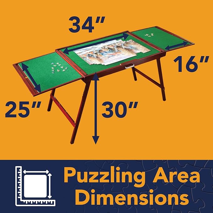 Bits and Pieces Fold-and-go Wooden Jigsaw Puzzle Table with Legs Folding Puzzle Board 1500 Pieces, Non-Slip Top, Carry Handle, 2 Felt Sorting Areas 66" x 25" Work Surface