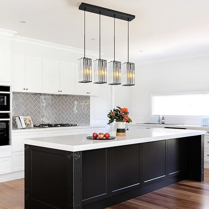 Modern Pendant Light Black Rectangle Pendant Lighting Mini Crystal Chandeliers Adjustable Pendant Light Fixture for Kitchen Island Dinning Room Living Room Corridor Bedroom(Black 4-Light)
