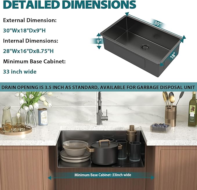 Black Undermount Kitchen Sink 30x18x9 Inch Single Bowl 18 Gauge Stainless Steel Under Counter Sinks Basin With Drain Strainer