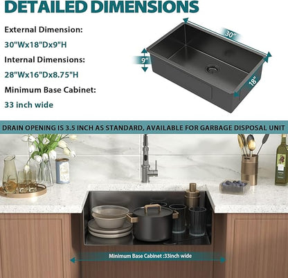 Black Undermount Kitchen Sink 30x18x9 Inch Single Bowl 18 Gauge Stainless Steel Under Counter Sinks Basin With Drain Strainer