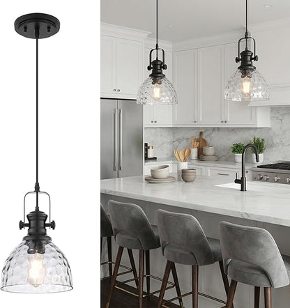 Black Pendant Lights Kitchen Island, 7.5" Farmhouse Pendant Lighting with Hammered Glass Shade, Vintage Hanging Light Fixtures for Dining Room Entryway, Adjustable Cord, AD-22151-1P-BK-H