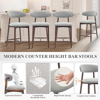 COLAMY Upholstered Counter Height Bar Stools Set of 6, Kitchen Island Stools with Back, Modern Counter Stools Island Bar Chairs with Wood Legs for Kitchen Island Dining Room Bar, Light Grey