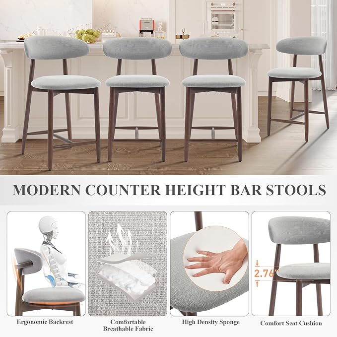 Upholstered Counter Height Bar Stools Set of 2, Kitchen Island Stools with Back, Modern Counter Stools Island Bar Chairs with Wood Legs for Kitchen Island Dining Room Bar, Light Grey