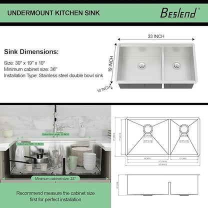 33 Undermount Kitchen Sink - 33x19 Double Bowl Kitchen Sinks Workstation 16 Gauge Stainless Steel Sink Low Divide Double Basin 60/40