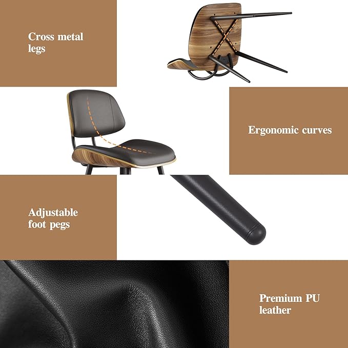 Mid Century Modern Dining Chairs Set of 4, PU Leather Armless Kitchen Chairs with Walnut Bentwood Back & Metal Legs, Sturdy Retro Accent Chairs for Dining Room, Living Room, Black