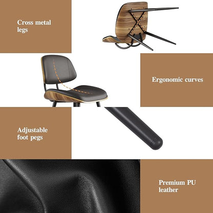 Mid Century Modern Dining Chairs Set of 4, PU Leather Armless Kitchen Chairs with Walnut Bentwood Back & Metal Legs, Sturdy Retro Accent Chairs for Dining Room, Living Room, Black