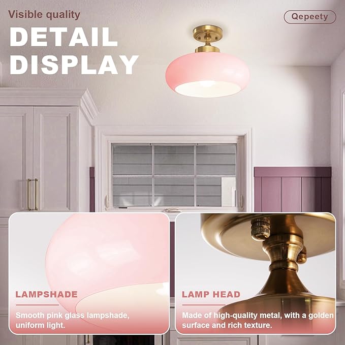 Mid Century Modern Flush Mount Ceiling Light Vintage Pink Close to Ceiling Light Fixtures Overhead Light Gold Glass Chandelier for Kids Room Hallway Living Room Kitchen