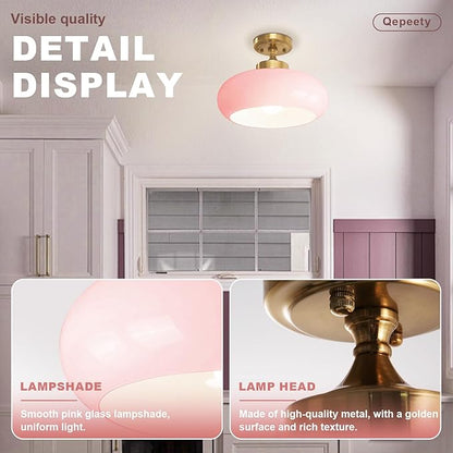 Flush Mount Ceiling Light, 2-Pack 11.02 Inch Pink Glass Close to Ceiling Light Glass Shade Golden Modern Lighting Farmhouse Hallway Light Fixtures for Hotel Entryway Girls Bedroom Foyer