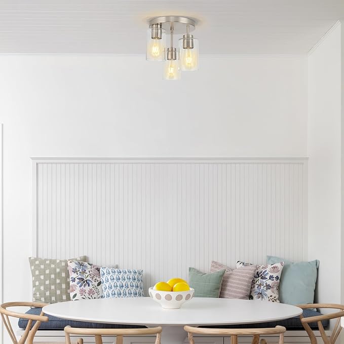 Semi Flush Mount Ceiling Light Fixture Brushed Nickel Flush Mount Ceiling Light with Seeded Glass Shades, 3-Light Modern Ceiling Light for Kitchen Hallway Entryway Island Bedroom