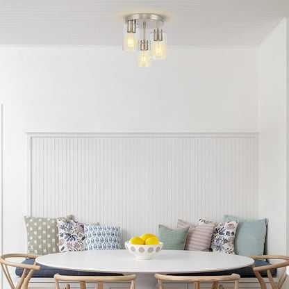Semi Flush Mount Ceiling Light Fixture Brushed Nickel Flush Mount Ceiling Light with Seeded Glass Shades, 3-Light Modern Ceiling Light for Kitchen Hallway Entryway Island Bedroom