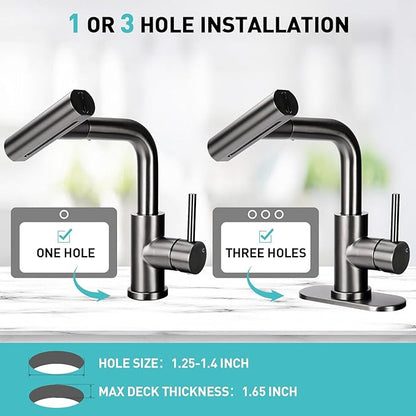 Bathroom Sink Faucet with 4 Mode Pull Down Sprayer, Matte Grey Single Handle Pull Out Faucet with Pop-Up Drain, 1 or 3 Hole Laundry Bar Basin Faucet with Deck Plate