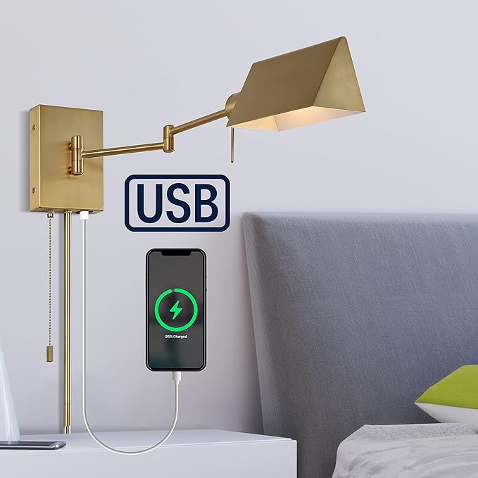 JONATHAN Y 22" Brass Gold Swing Arm Wall Sconce, Plug-in or Hardwired with USB Charging Port and Pull Chain, Iron Shade, Industrial LED Reading Lamp (JYL6015B)