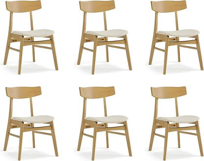 KISLOT Wooden Dining Chairs Set of 6, Upholstered Modern Dining Room Chairs, Mid Century Oak Kitchen Chairs with Curved Wood Backrest for Kitchen, Restaurant, Farmhouse (Cream Fabric & Original Color)