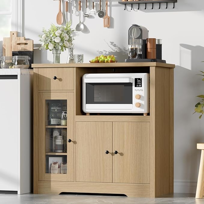 Storage Cabinet with Adjustable Shelves & Microwave Stand, Buffet Sideboard with Drawer, Single and Double Doors for Kitchen, Dining Room, Natural