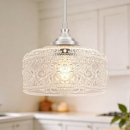 Modern Brushed Nickel Pendant Lights Kitchen Island, Bathroom Pendant Light with Clear Glass, Pendant Lighting over Island with Adjustable Rod, Farmhouse Hanging Light for Dining Room Hallway, E26