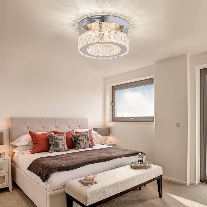 Modern Crystal Chandelier Mini Round Flush Mount Ceiling Light Fixture Small LED Crystal Ceiling Light for Hallway Foyer Living Room (Warm White)