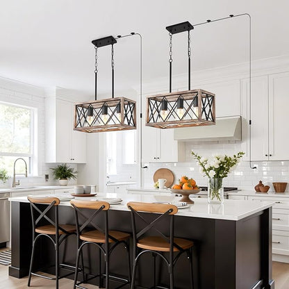 Plug in Pendant Light，3-Light Dining Room Light Fixture Over Table,Plug in Chandelier for Kitchen Sink，Farmhouse Metal Kitchen Pendant Lighting Over Island, Wood Grain Finish.