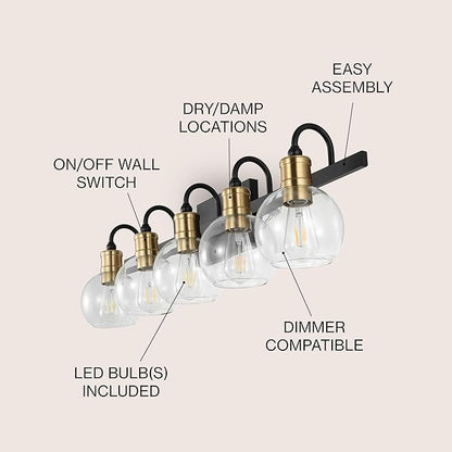 JONATHAN Y 36.5" Black/Brass Gold Vintage Wall Sconce, LED Vanity Light for Bathroom Bedroom Entryway, Clear Glass Globe Shade, Modern Industrial Arched Lamp, LED Bulb Included (JYL3556A)