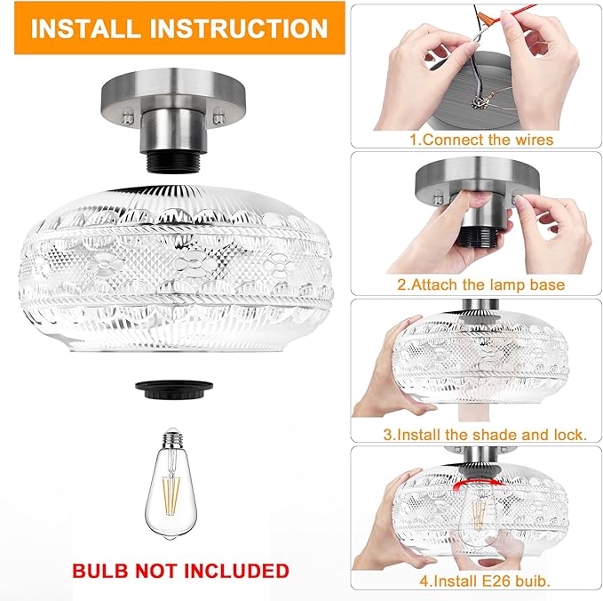Semi Flush Mount Light Fixture, Brushed Nickel Hallway Lights, Globe Glass Ceiling Lamp, Industrial Kitchen Farmhouse Lighting for Entryway Bathroom Bedroom, Bulb Not Included