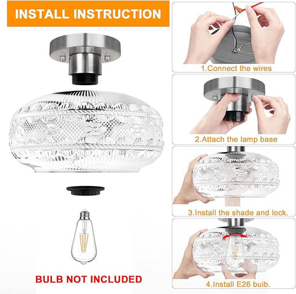 Semi Flush Mount Light Fixture, Brushed Nickel Hallway Lights, Globe Glass Ceiling Lamp, Industrial Kitchen Farmhouse Lighting for Entryway Bathroom Bedroom, Bulb Not Included