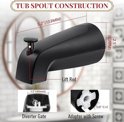 Enhon Slip on Tub Spout with Diverter, Compatible with American Standard 8888026.002 Tub Spout, Bathroom Bathtub Faucet, Fits 1/2 Copper Water Tube(5/8 Dia), 5/32 Hex Wrench(Matte Black,1)