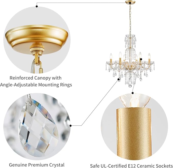 WUZUPS 6-Light Crystal Candle Chandelier Pendant Ceiling Light Modern Lighting Fixture for Bedroom Hallway Bar Kitchen Bathroom, H 25.6" W 24.4", E12 Base, Gold