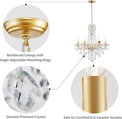 WUZUPS 6-Light Crystal Candle Chandelier Pendant Ceiling Light Modern Lighting Fixture for Bedroom Hallway Bar Kitchen Bathroom, H 25.6" W 24.4", E12 Base, Gold