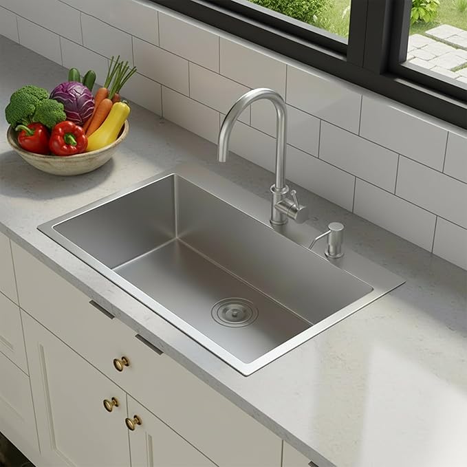 KINGO HOME 33 x 22 Inch Drop in Stainless Steel Kitchen Sink, Single Bowl 16 Gauge Top mount Sink Commercial Handmade 9 Inch Deep Kitchen Sinks Workstation Single Basin Brushed Satin Nickel