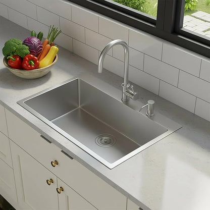 KINGO HOME 33 x 22 Inch Drop in Stainless Steel Kitchen Sink, Single Bowl 16 Gauge Top mount Sink Commercial Handmade 9 Inch Deep Kitchen Sinks Workstation Single Basin Brushed Satin Nickel