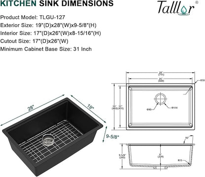 28 Black Undermount Kitchen Sink - Granite Composite Single Bowl Workstation All-In One Classic Quartz Kitchen Sink with Mixing Bowl, Pasta Strainer and Cutting Board #TLGU-127