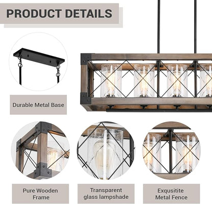 Farmhouse Kitchen Island Lighting, 5-Light Dining Room Light Fixture Over Table, Rustic Wooden Rectangle Chandelier, Pool Table Pendant Light Fixtures with Clean Glass Shade