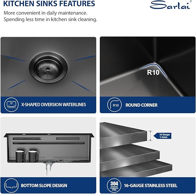 Sarlai 31 Inch Black Waterfall Kitchen Sink Drop In - 31x20 Inch Drop In Waterfall Sink Ledge Workstation Black Stainless Steel 16 Guage Single Bowl Kitchen Sinks Basin