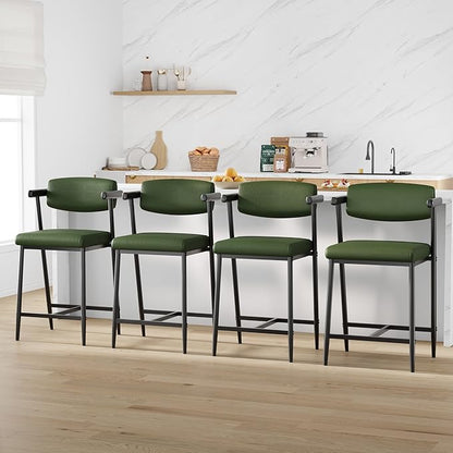 GarveeHome Counter Height Bar Stools Set of 4 with Armrests, 26" Upholstered 4pcs Tall Bar Stools Set, Long Backrest & Extra Thick Cushion, Modern High Barstools for Kitchen Island, Pub, Rustic Green
