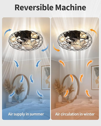 KDG 15.8″ Retro Low Profile LED Ceiling Fans with Light, Reversible Ceiling Fans Flush Mount with Remote and 6 Speeds, E26 Base Buld for Bedroom, Dinning Room, Kids Room, Kitchen