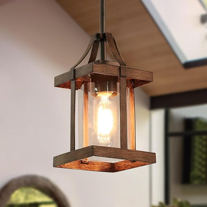 LALUZ Pendant Lights Kitchen Island, Farmhouse Pendant Lighting for Kitchen Island, Rustic Faux Wood Pendant Light with Clear Glass Shade
