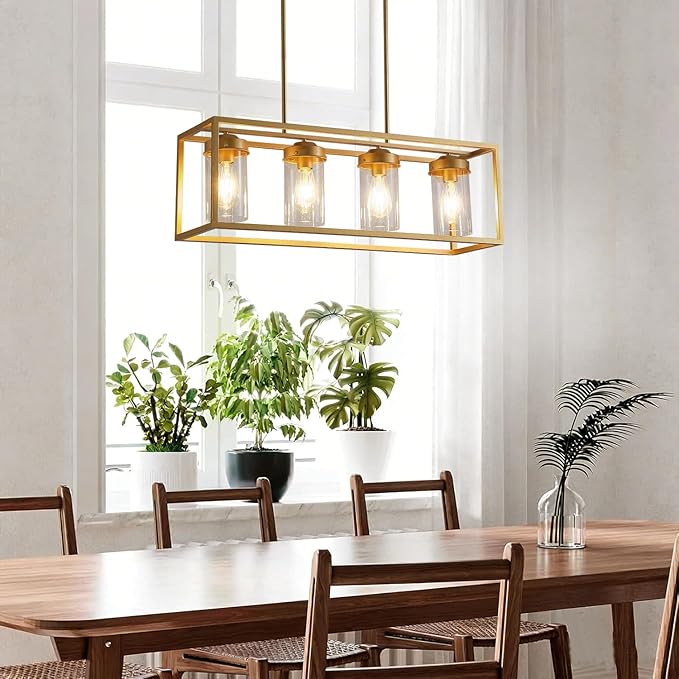Gold Dining Room Light Fixture，Farmhouse Chandeliers for Dining Room，Rustic Rectangle Chandelier with Clear Glass Shade，Vintage Antique Linear Kitchen Island Light Fixtures