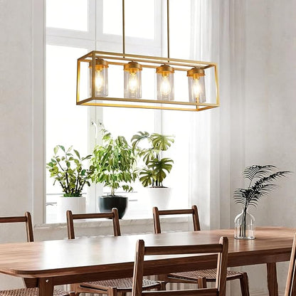 Gold Dining Room Light Fixture，Farmhouse Chandeliers for Dining Room，Rustic Rectangle Chandelier with Clear Glass Shade，Vintage Antique Linear Kitchen Island Light Fixtures